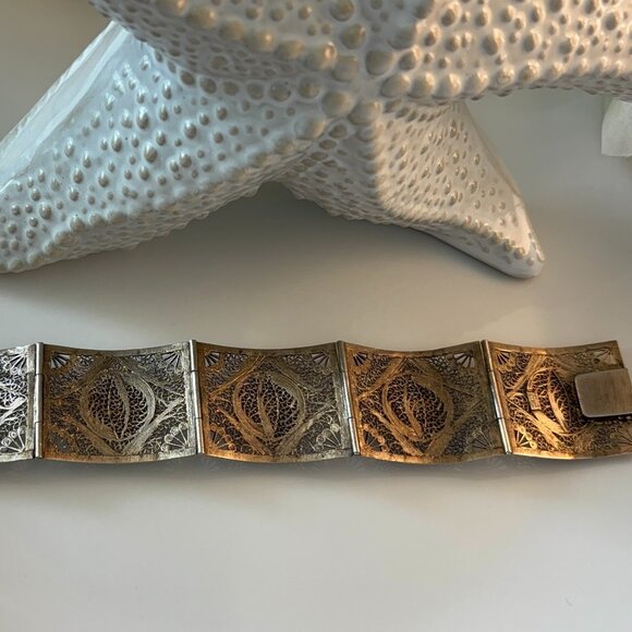 ANTIQUE STERLING VERMEIL FILIGREE CUFF BRACELET - Picture 8 of 8